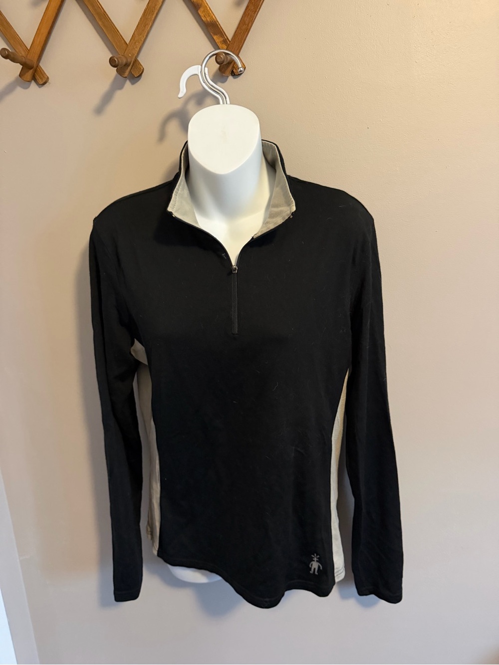 Smartwool 100% Merino Wool Quarter Zip Base Layer Top Black Beige M *flaw